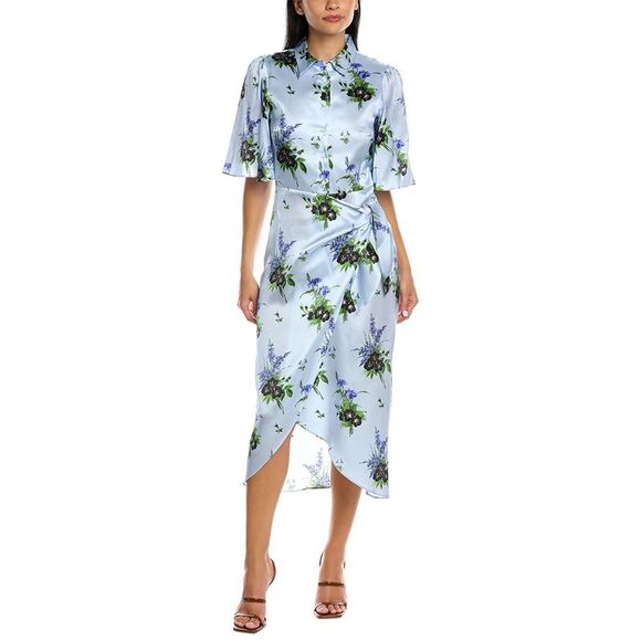 Les Rêveries Womens Les Reveries Flutter Sleeve Silk Midi Dress, Blue - Picture 1 of 3
